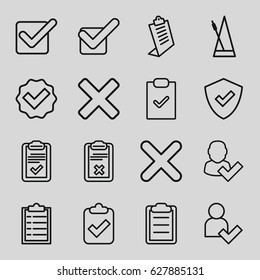 Tick icons set. set of 16 tick outline icons such as clipboard, metronome, cross, add user, shield