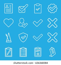 Tick icons set. set of 16 tick outline icons such as clipboard, metronome, cross, shield, heart, resume