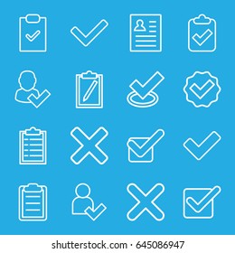 Tick icons set. set of 16 tick outline icons such as clipboard, cross, add user, resume