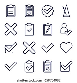 Tick Icons Set. Set Of 16 Tick Outline Icons Such As Clipboard, Metronome, Cross, Add User, Heart