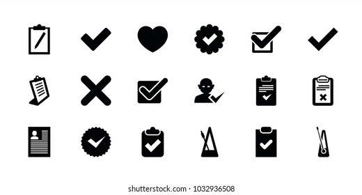 Tick Icons. Set Of 18 Editable Filled Tick Icons: Clipboard, Checklist, Metronome, Cross, Heart