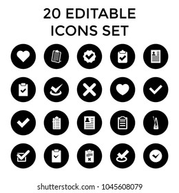Tick icons. set of 20 editable filled tick icons such as heart, resume, checklist, clipboard, cross. best quality tick elements in trendy style.