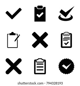 Tick icons. set of 9 editable filled tick icons such as checklist, clipboard, cross