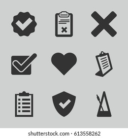 Tick Icons Set. Set Of 9 Tick Filled Icons Such As Clipboard, Metronome, Cross, Tick, Shield, Heart