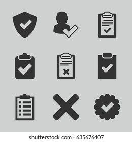Tick icons set. set of 9 tick filled icons such as clipboard, cross, checklist