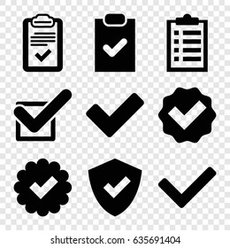 Tick icons set. set of 9 tick filled icons such as tick, clipboard, checklist