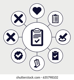 Tick icons set. set of 9 tick filled icons such as clipboard, cross, checklist, tick