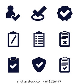 Tick icons set. set of 9 tick filled icons such as clipboard, add user, checklist, shield