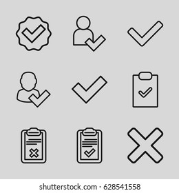 Tick icons set. set of 9 tick outline icons such as clipboard, add user, cross