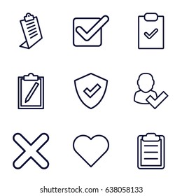 Tick icons set. set of 9 tick outline icons such as clipboard, cross, shield, heart