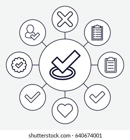 Tick icons set. set of 9 tick outline icons such as clipboard, cross, heart