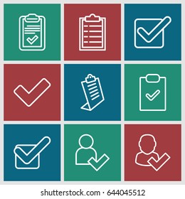 Tick icons set. set of 9 tick outline icons such as clipboard, add user