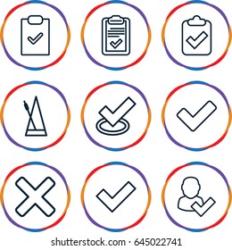Tick icons set. set of 9 tick outline icons such as clipboard, metronome, cross