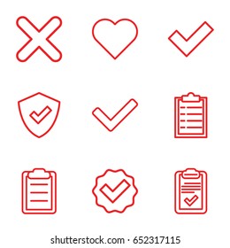 Tick icons set. set of 9 tick outline icons such as clipboard, cross, tick, shield, heart