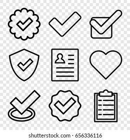Tick icons set. set of 9 tick outline icons such as tick, shield, heart, resume