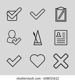 Tick icons set. set of 9 tick outline icons such as metronome, cross, heart, resume