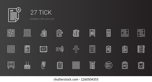 tick icons set. Collection of tick with list, tic tac toe, clipboard, check in, board, cross, check, checklist, correct, test, exam. Editable and scalable tick icons.
