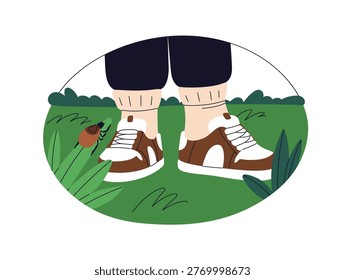 Tick insect on grass and feet in socks, ankles covered with clothing, avoiding bugs. Outdoor safety, mite bite risk protection and prevention. Flat vector illustration isolated on white background