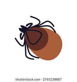 Tick insect, outdoor parasite bug. Bloodsucking mite, encephalitis pest. Bloodsucker icon. Small arachnid, ixodes ricinus, top view. Flat vector illustration isolated on white background