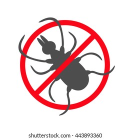 Tick insect silhouette. Mite deer ticks icon. Dangerous black parasite. Prohibition no symbol Red round stop warning sign. White background. Isolated. Flat design. Vector illustration