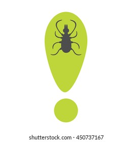 Tick insect silhouette. Mite deer ticks icon. Green exclamation point. Dangerous black parasite. White background. Isolated. Flat design. Vector illustration
