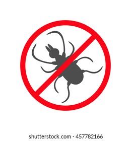 Tick insect silhouette. Mite deer ticks icon. Dangerous black parasite. Prohibition no symbol Red round stop warning sign. White background. Isolated. Flat design. Vector