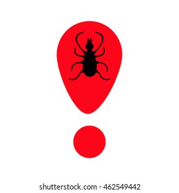 Tick insect silhouette. Mite deer icon. Red exclamation point. Dangerous black parasite. White background. Isolated. Flat design. Vector illustration