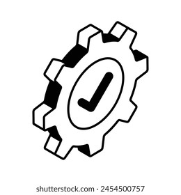 Tick inside cogwheel, concept isometric icon of verified settings