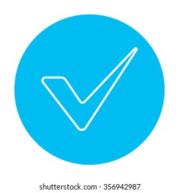 Tick line icon for web, mobile and infographics. Vector white icon on the light blue circle isolated on white background.