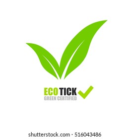 Tick logo with green leaves on white background