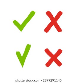 Marcar y cruzar un conjunto de iconos pintados a mano. Elementos vectoriales de diseño plano infográfico para sí o no respuesta. Aceptar o rechazar símbolos, aceptar o no estar de acuerdo.