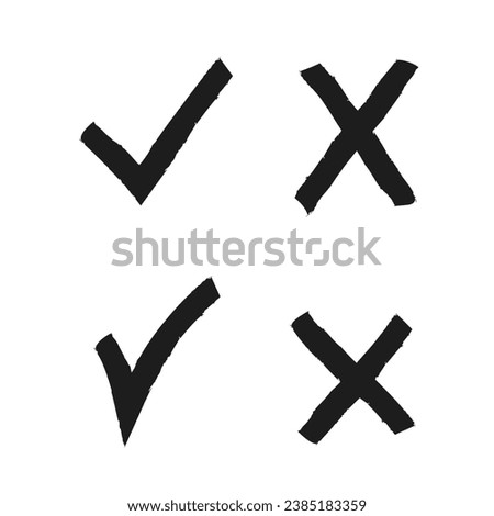 Tick mark and cross sign hand painted icon set. Infographic flat design vector elements for yes or no answer. Accept or reject, agree or disagree symbols.