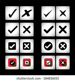 tick mark & cross sign vector icons set on black background. This graphic can also represent selection options of right, wrong, also valid, invalid, true false, correct, incorrect, yes, no