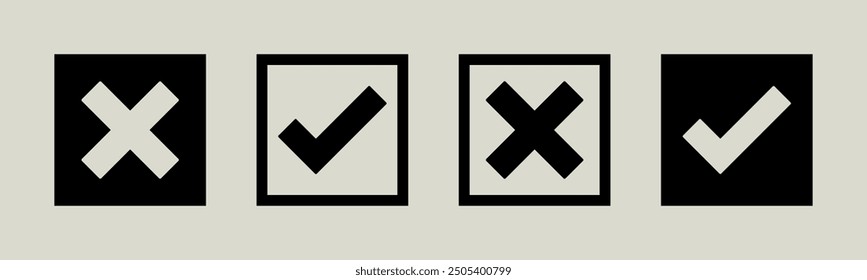 tick mark icon button set check box correct right wrong black buttons or yes or no checkmark red cross tick square vector illustration	