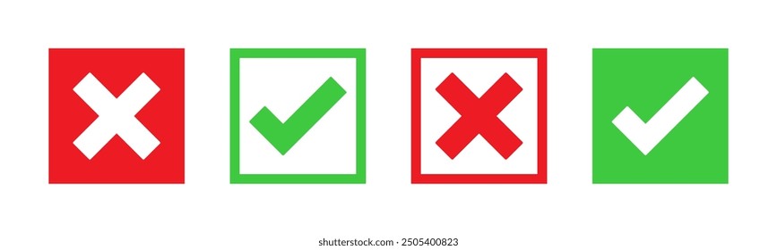 Marca de verificación Icono de marca Conjunto de Botones Casilla de verificación Correcto Botones incorrectos o Sí o No Marca de verificación Cruz roja Verde Marca de verificación Ilustración vectorial cuadrada