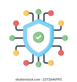 Tick mark on network protection shield showing concept vector of cyber security