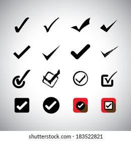 tick mark or right sign vector icons collection set. This graphic can also represent approval, right choice, correct selection, true option, positive answer, saying yes, acceptance, confirmation, etc