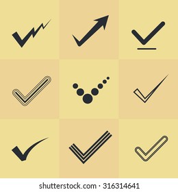 Tick mark or right sign vector icons collection. Flat style set.
