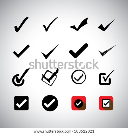 tick mark or right sign vector icons collection set. This graphic can also represent approval, right choice, correct selection, true option, positive answer, saying yes, acceptance, confirmation, etc
