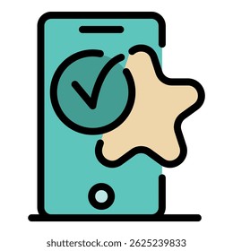 Tick mark and star icon. Outline tick mark and star vector icon color flat isolated