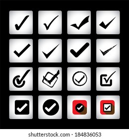 tick mark vector icons collection set on black background. This graphic can also represent approval, right choice, correct selection, true option, positive answer, saying yes, acceptance, confirmation