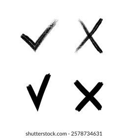 Tick mark and X cross hand drawn symbol set. Grunge design elements for yes and no answer. True or false choice icon.