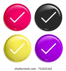 Tick multi color glossy badge icon set. Realistic shiny badge icon or logo mockup