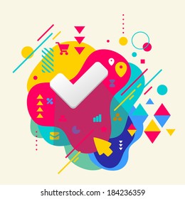 Tick on abstract colorful spotted background with different elements. Flat design.