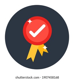 
Tick on a badge depicting quality check in flat icon
