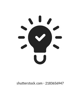 tick on black light bulb like aha moment. flat line simple trend modern think outside the box logotype design element isolated on white. concept of visionary info pictogram or conclusion symbol