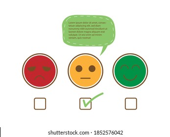 Tick on fairly face and speech bubble for complain to show moderately feedback rating of customer service review, experience, satisfaction survey ,assessment and world mental health day concept.