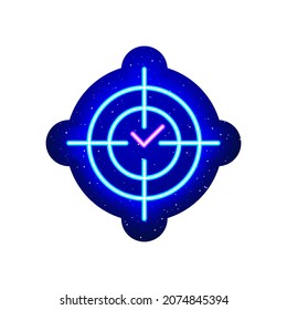 Tick ​​mark on neon blue target point. Midnight blue. Goal achievement linear design with neon. Realistic neon icon. There is mask area on White Background.