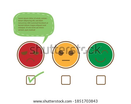 Tick on unhappy face and speech bubble for complain to show bad feedback rating and negative customer service review, experience, satisfaction survey ,assessment and world mental health day concept.