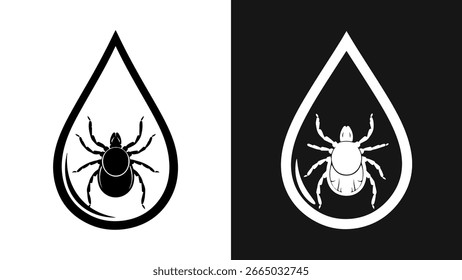 Espasmo parasita dentro de um ícone de gota de sangue em preto e branco, ilustração gráfica vetorial.